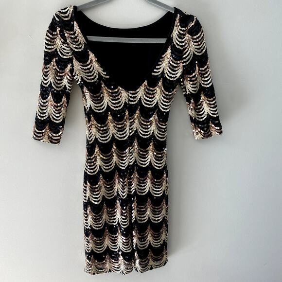 Crystal Doll Junior's Black Sequined Short 3/4 Sleeve Bodycon Party Dress XS - Picture 4 of 9